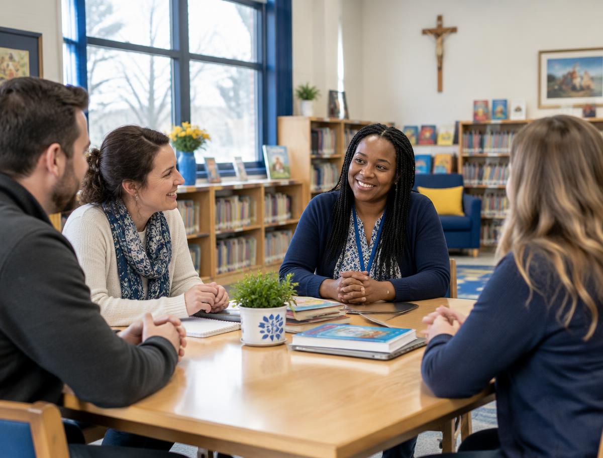 Parents et membres du personnel en conversation dans une bibliothèque scolaire catholique