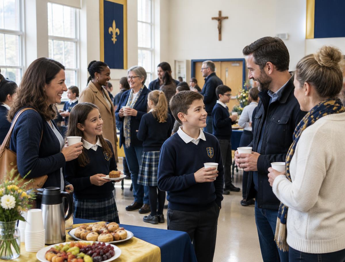 Familles réunies dans une salle paroissiale catholique