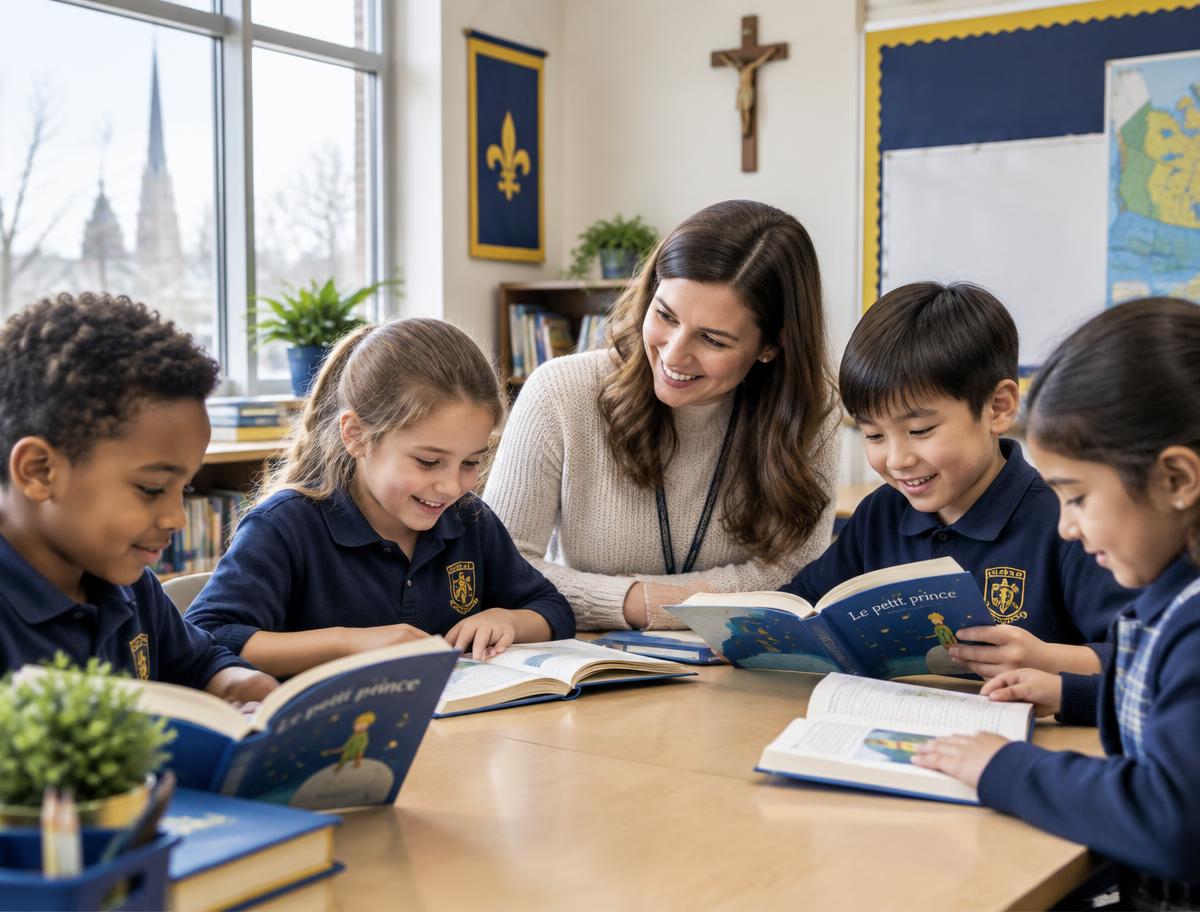 Élèves lisant en français avec une enseignante dans une école catholique
