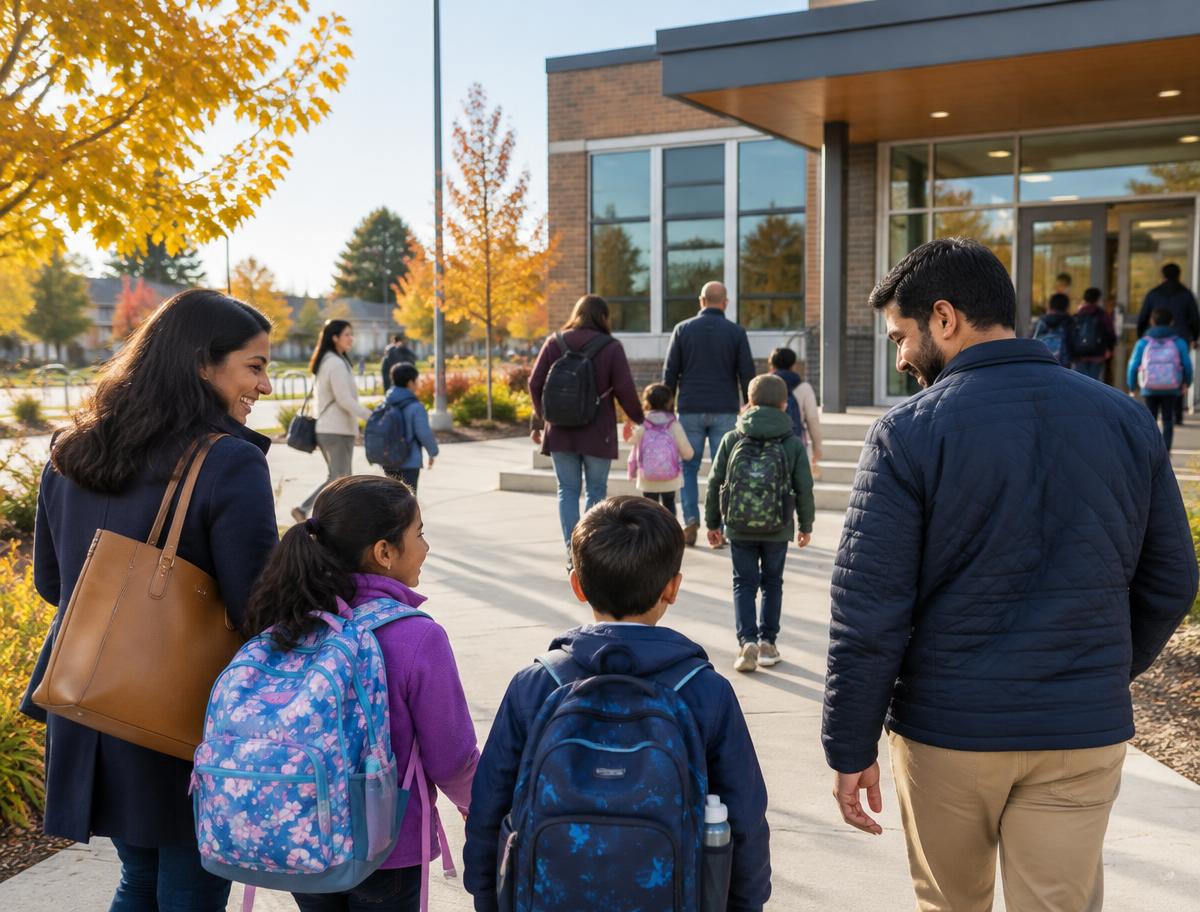 Familles arrivant à une école de quartier